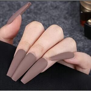 Taupe Press On Nails Set Matte Brown Long Coffin Shape with Glue 25 pc Fake Kit